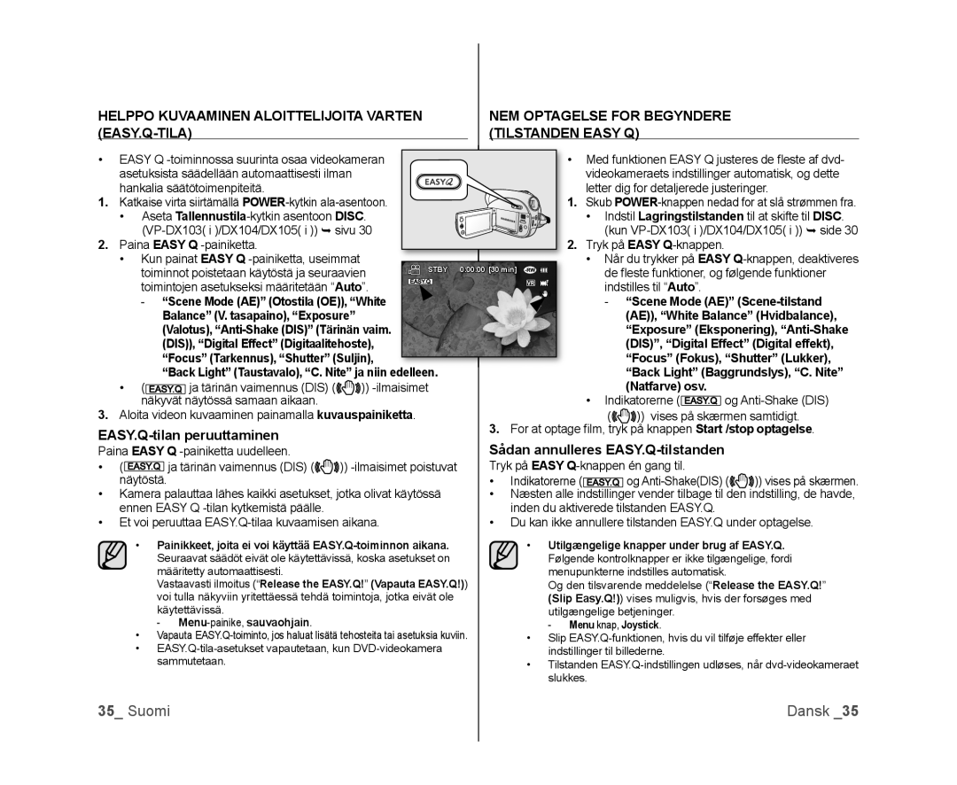 Samsung VP-DX100/XEE NEM Optagelse for Begyndere EASY.Q-TILA Tilstanden Easy Q, Helppo Kuvaaminen Aloittelijoita Varten 