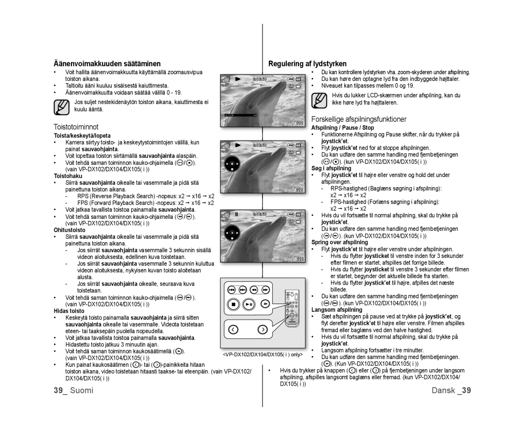 Samsung VP-DX100/XEE manual Forskellige afspilningsfunktioner, Toistotoiminnot 