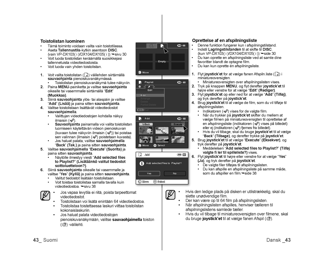 Samsung VP-DX100/XEE manual Toistolistan luominen, Oprettelse af en afspilningsliste 