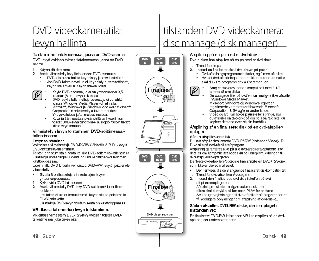 Samsung VP-DX100/XEE manual Toistaminen tietokoneessa, jossa on DVD-asema, VR-tilassa tallennetun levyn toistaminen 