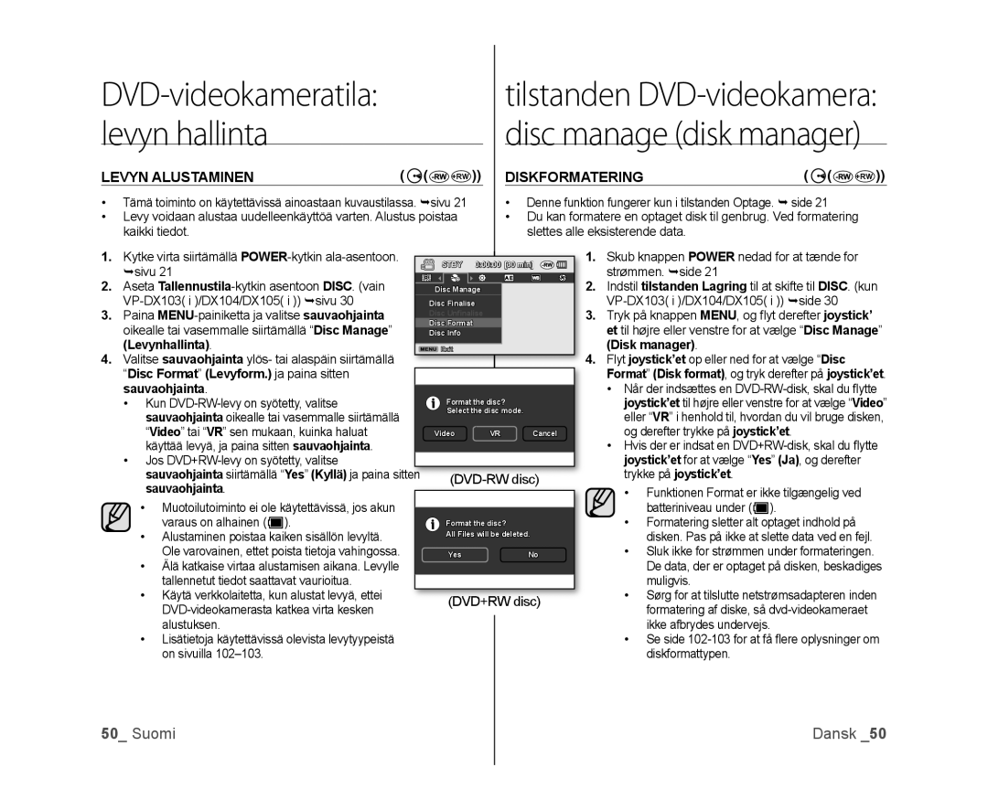 Samsung VP-DX100/XEE manual Levyn Alustaminen, Diskformatering, DVD-RW disc 