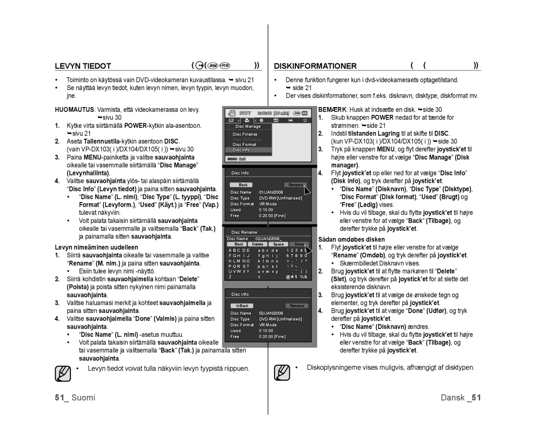 Samsung VP-DX100/XEE manual Levyn Tiedot, Diskinformationer, Sådan omdøbes disken, Disc Name Disknavn ændres 