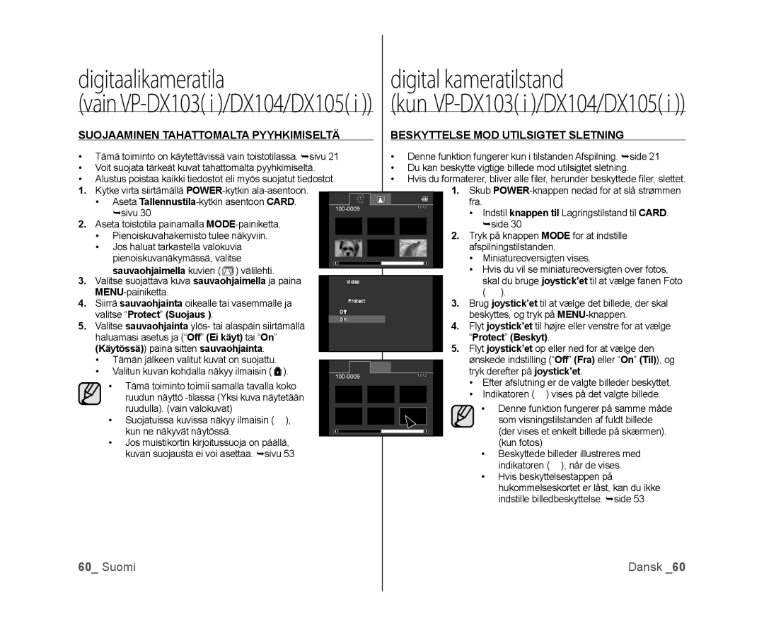 Samsung VP-DX100/XEE manual Valitse Protect Suojaus, Protect Beskyt 