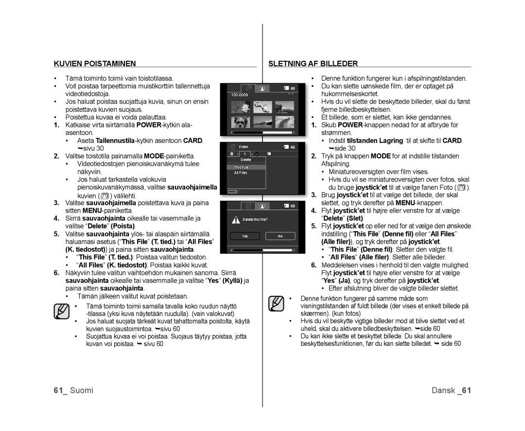 Samsung VP-DX100/XEE manual Kuvien Poistaminen Sletning AF Billeder, Delete Slet Valitse Delete Poista 