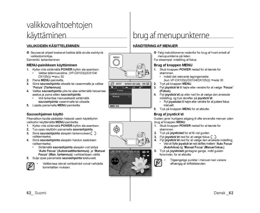 Samsung VP-DX100/XEE manual Valikkovaihtoehtojen Käyttäminen Brug af menupunkterne 