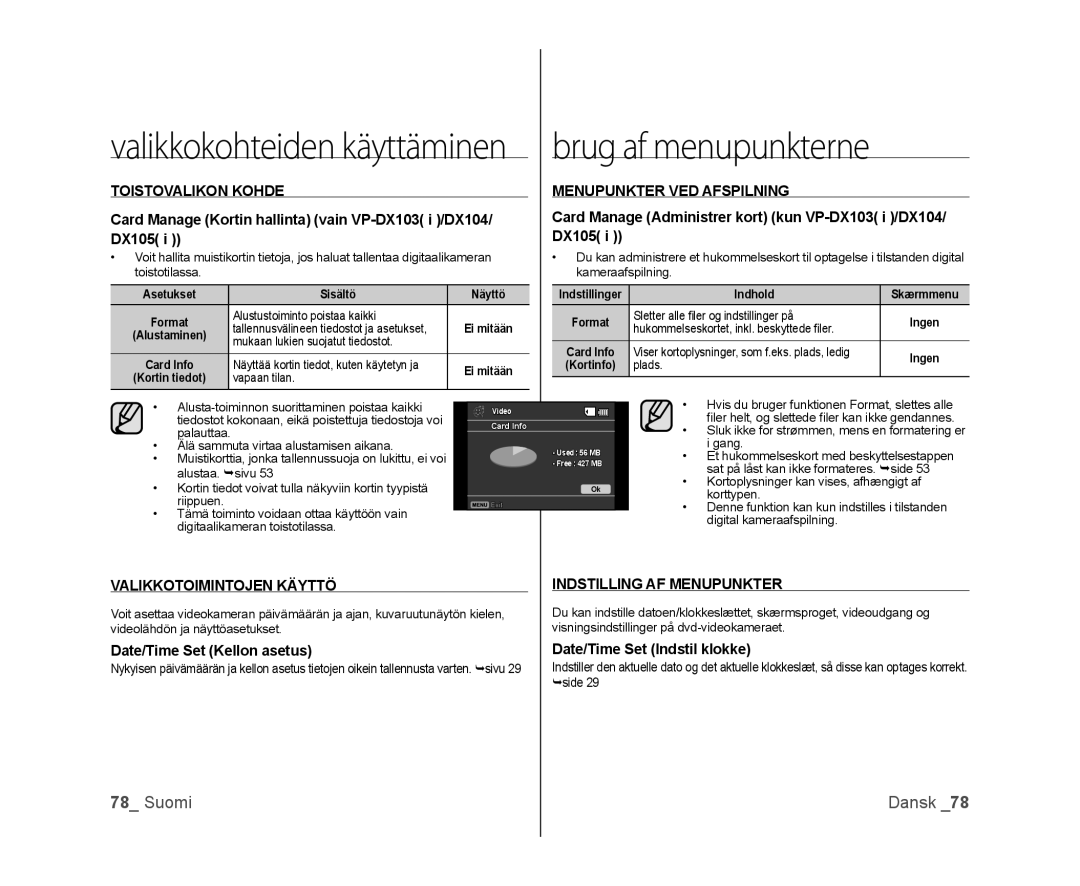 Samsung VP-DX100/XEE manual Toistovalikon Kohde, Menupunkter VED Afspilning, Valikkotoimintojen Käyttö 