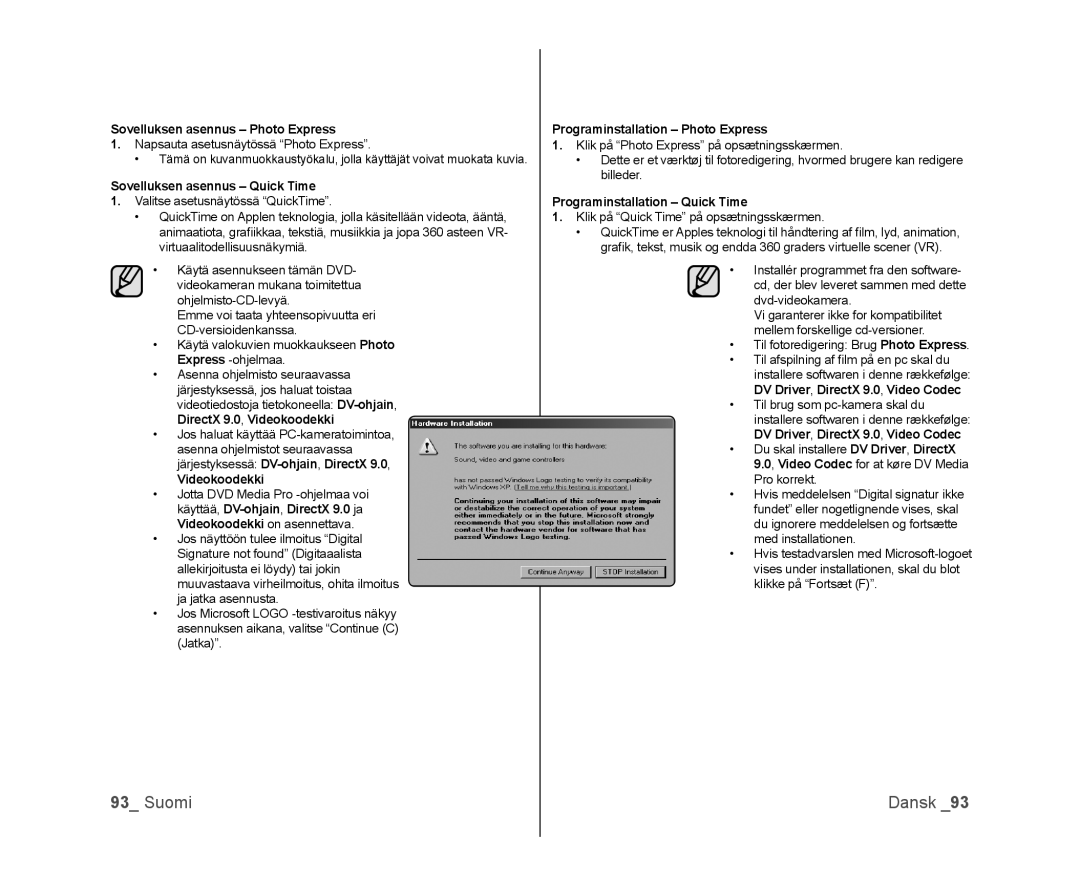 Samsung VP-DX100/XEE manual Sovelluksen asennus Photo Express, Sovelluksen asennus Quick Time, Videokoodekki 