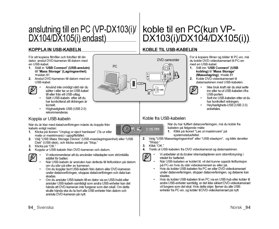 Samsung VP-DX100/XEE manual Koppla in USB-KABELN, Koble TIL USB-KABELEN, Koppla ur USB-kabeln, Koble fra USB-kabelen 