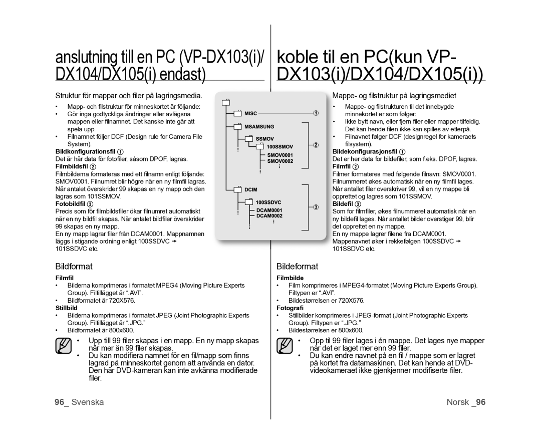 Samsung VP-DX100/XEE manual Bildformat, Bildeformat, Struktur för mappar och ﬁ ler på lagringsmedia 