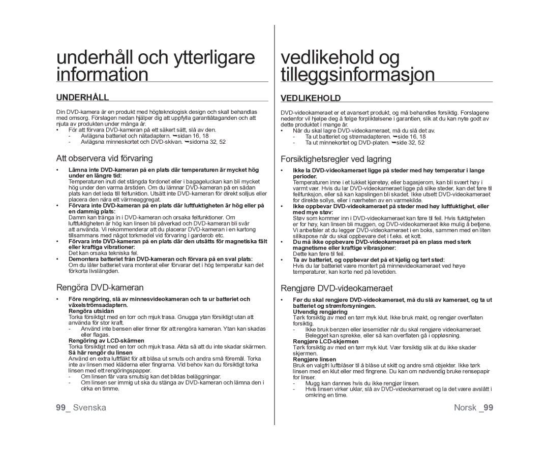 Samsung VP-DX100/XEE manual Underhåll och ytterligare information, Vedlikehold 