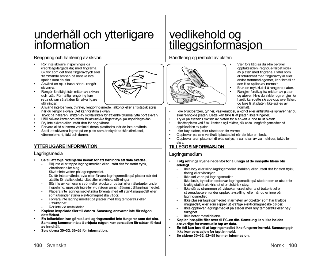 Samsung VP-DX100/XEE Rengöring och hantering av skivan, Lagringsmedia, Håndtering og renhold av platen, Lagringsmedium 