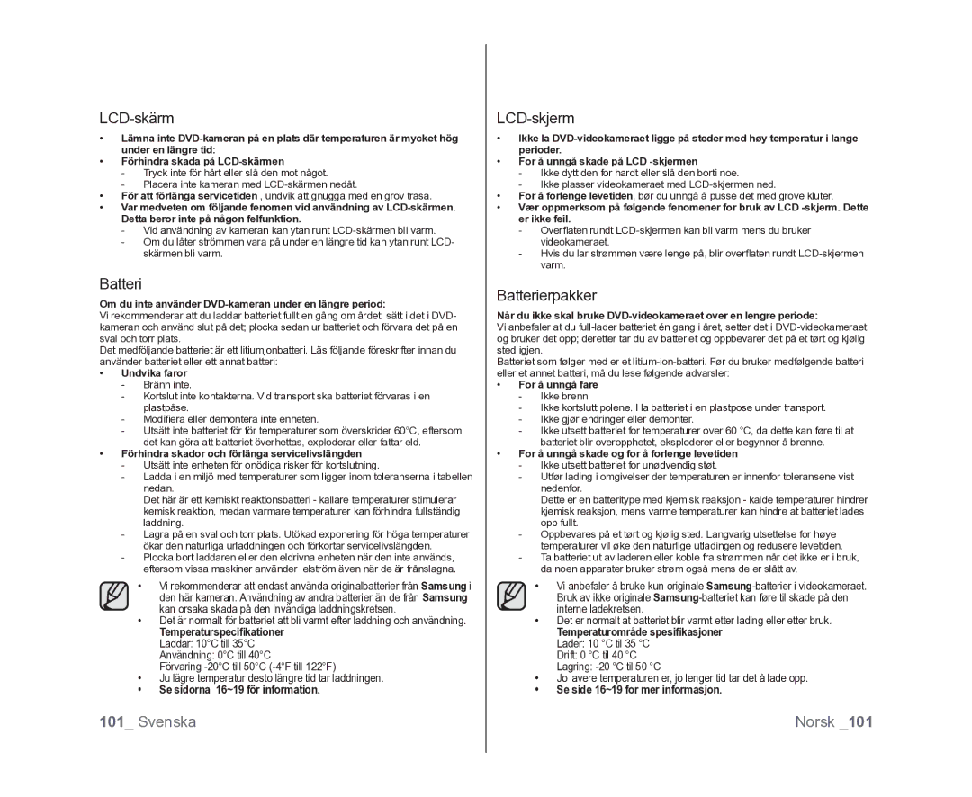 Samsung VP-DX100/XEE manual LCD-skärm, LCD-skjerm, Batterierpakker 