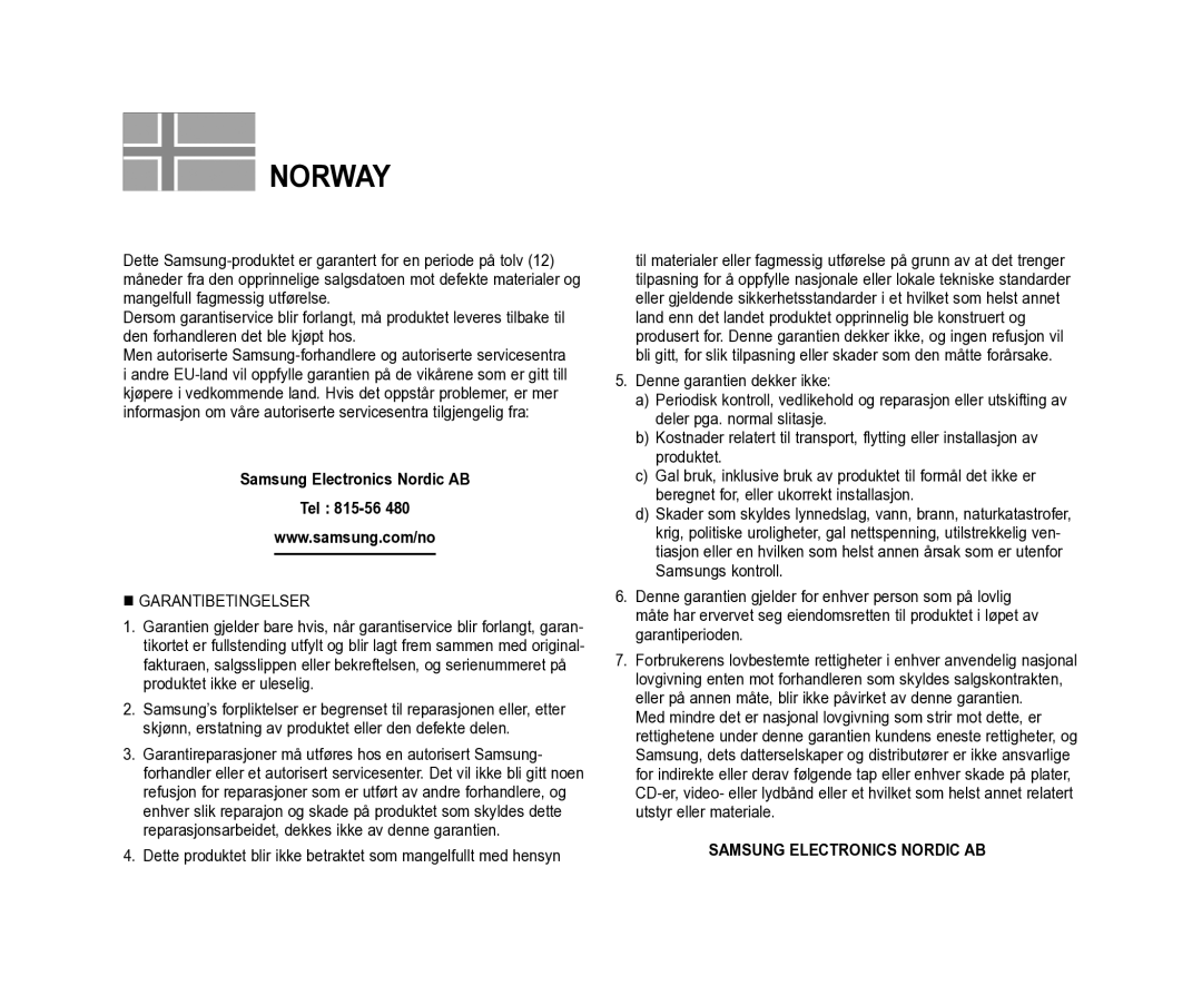 Samsung VP-DX100/XEE manual Norway, Samsung Electronics Nordic AB Tel 815-56 