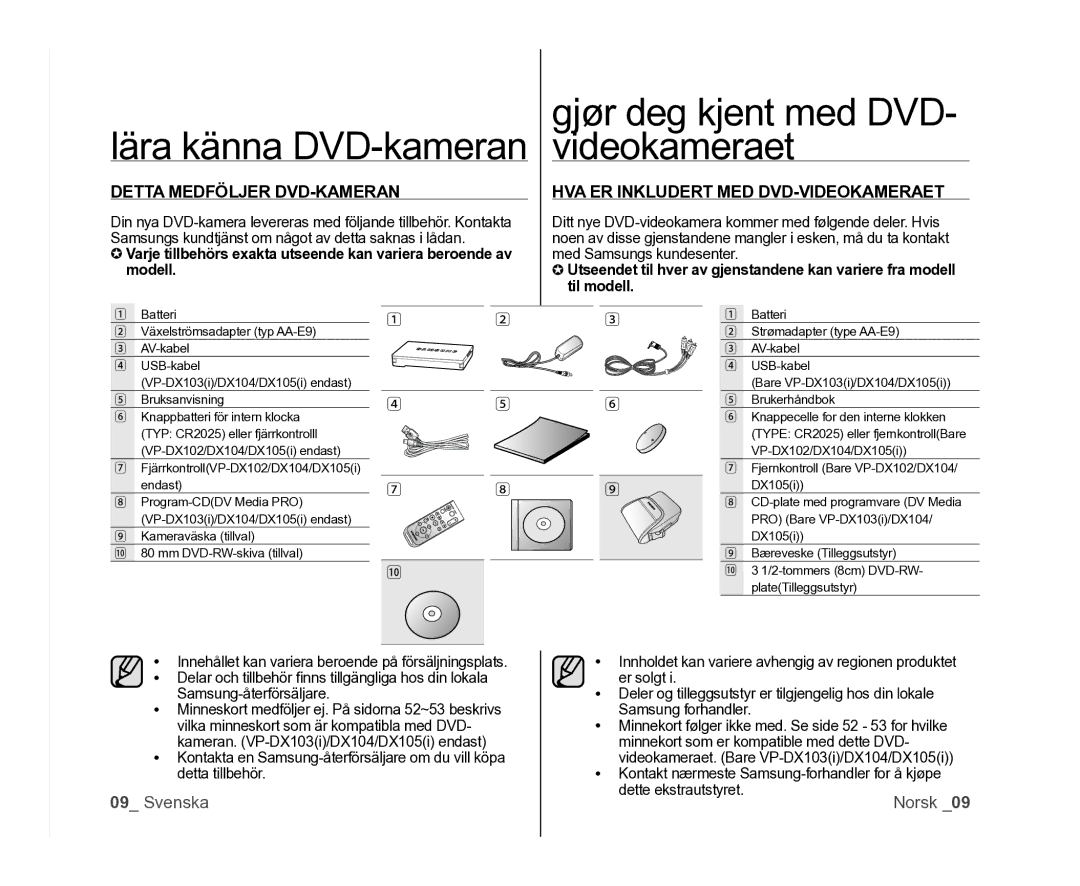 Samsung VP-DX100/XEE manual Lära känna DVD-kameran, Gjør deg kjent med DVD- videokameraet, Detta Medföljer DVD-KAMERAN 