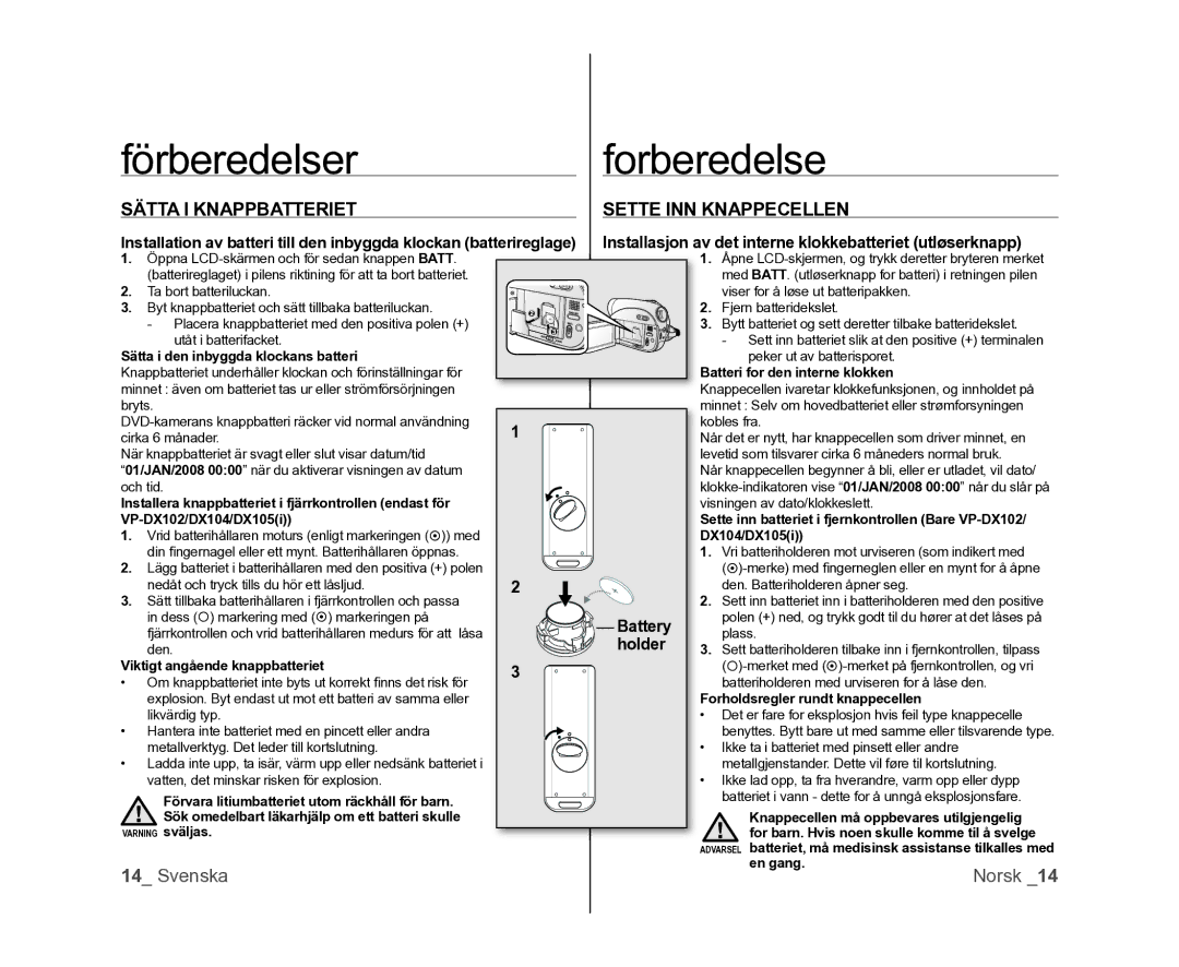 Samsung VP-DX100/XEE manual Förberedelserforberedelse, Sätta I Knappbatteriet Sette INN Knappecellen, Battery, Holder 