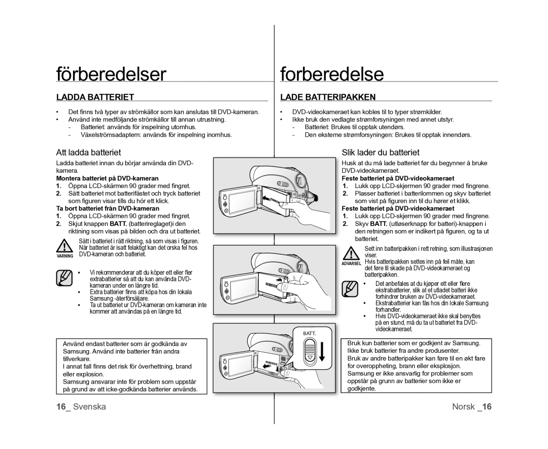 Samsung VP-DX100/XEE manual Ladda Batteriet, Lade Batteripakken, Att ladda batteriet, Slik lader du batteriet 