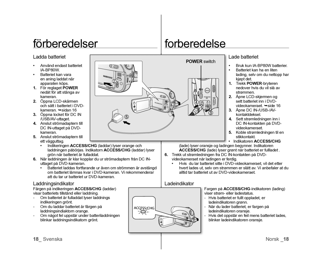 Samsung VP-DX100/XEE manual Ladda batteriet, Lade batteriet, Laddningsindikator, Ladeindikator 