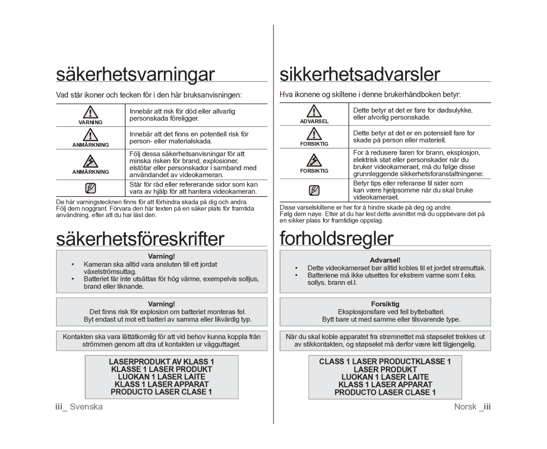 Samsung VP-DX100/XEE manual Säkerhetsvarningar, Säkerhetsföreskrifter, Sikkerhetsadvarsler, Forholdsregler 