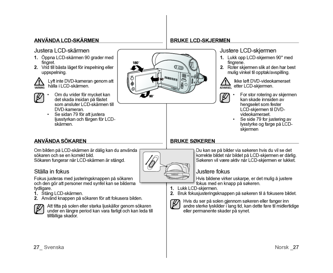 Samsung VP-DX100/XEE manual Använda LCD-SKÄRMEN, Bruke LCD-SKJERMEN, Använda Sökaren Bruke Søkeren 