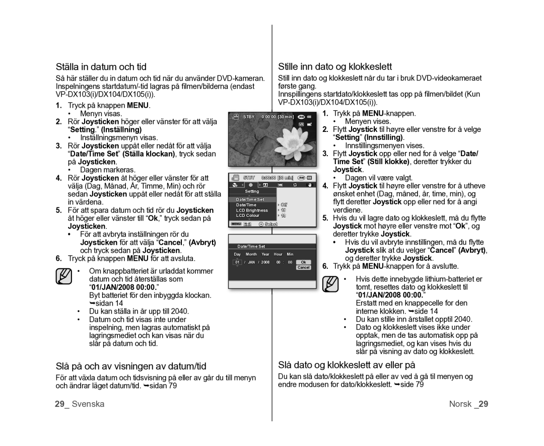 Samsung VP-DX100/XEE manual Stille inn dato og klokkeslett 