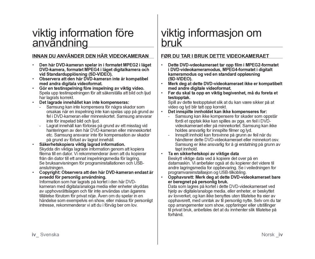 Samsung VP-DX100/XEE Viktig information före användning, Viktig informasjon om bruk, FØR DU TAR I Bruk Dette Videokameraet 