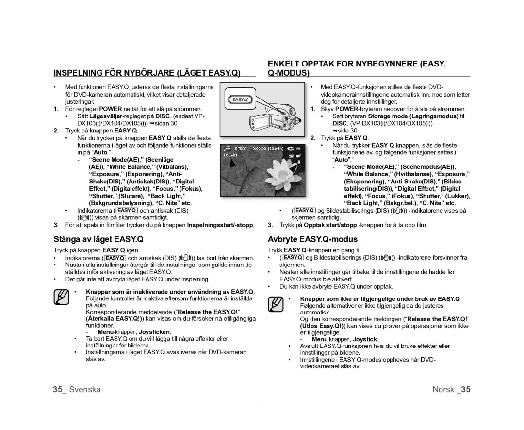 Samsung VP-DX100/XEE manual Enkelt Opptak for Nybegynnere Easy, Inspelning FÖR Nybörjare Läget EASY.Q Modus 