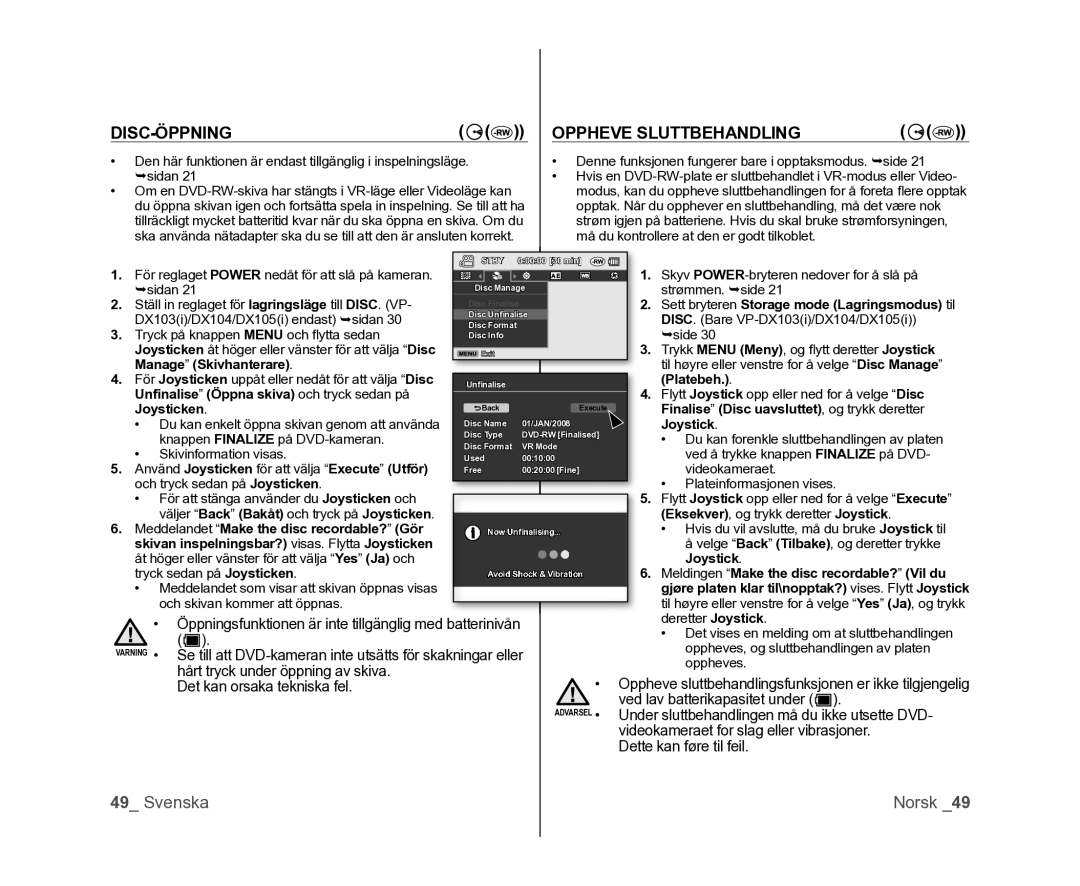 Samsung VP-DX100/XEE manual DISC-ÖPPNING Oppheve Sluttbehandling 