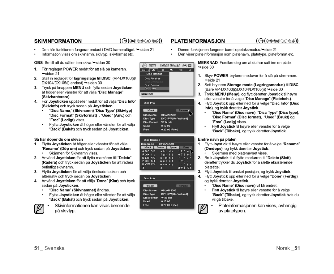 Samsung VP-DX100/XEE manual Plateinformasjon, Skivinformationen kan visas beroende på skivtyp 