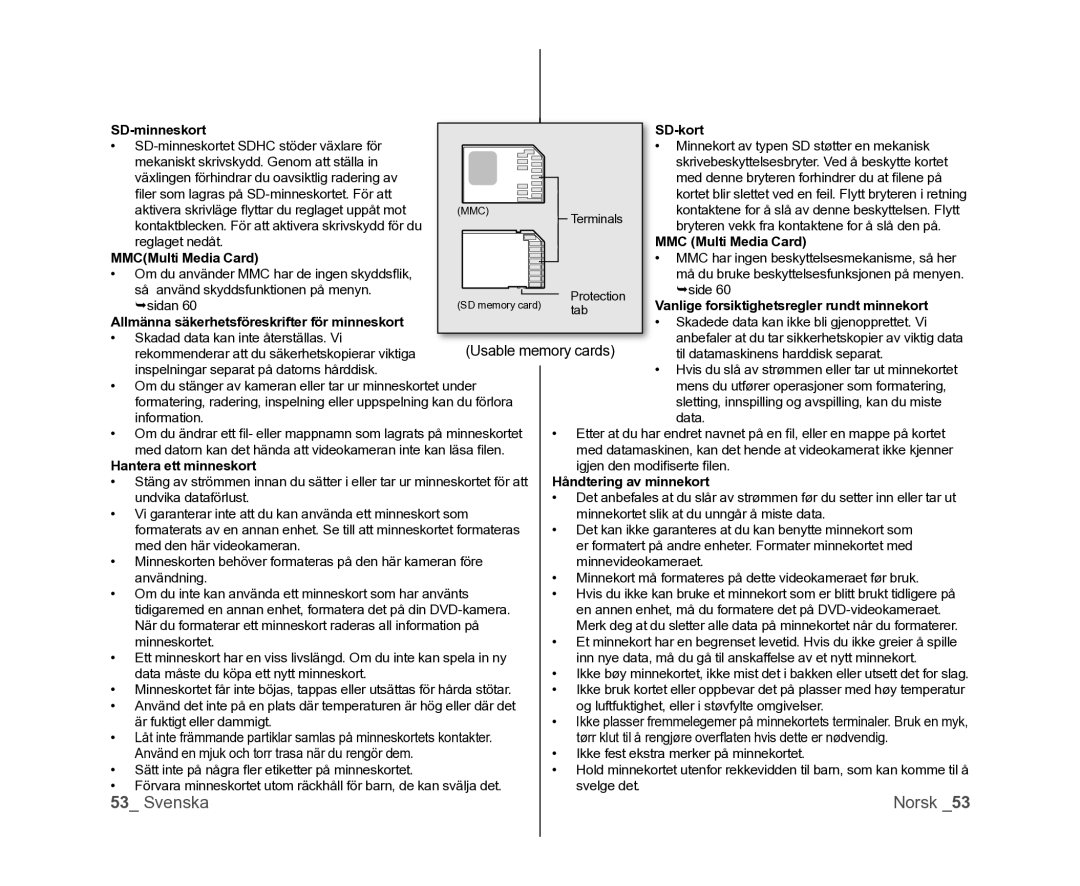 Samsung VP-DX100/XEE manual SD-minneskort, MMCMulti Media Card, Allmänna säkerhetsföreskrifter för minneskort, SD-kort 