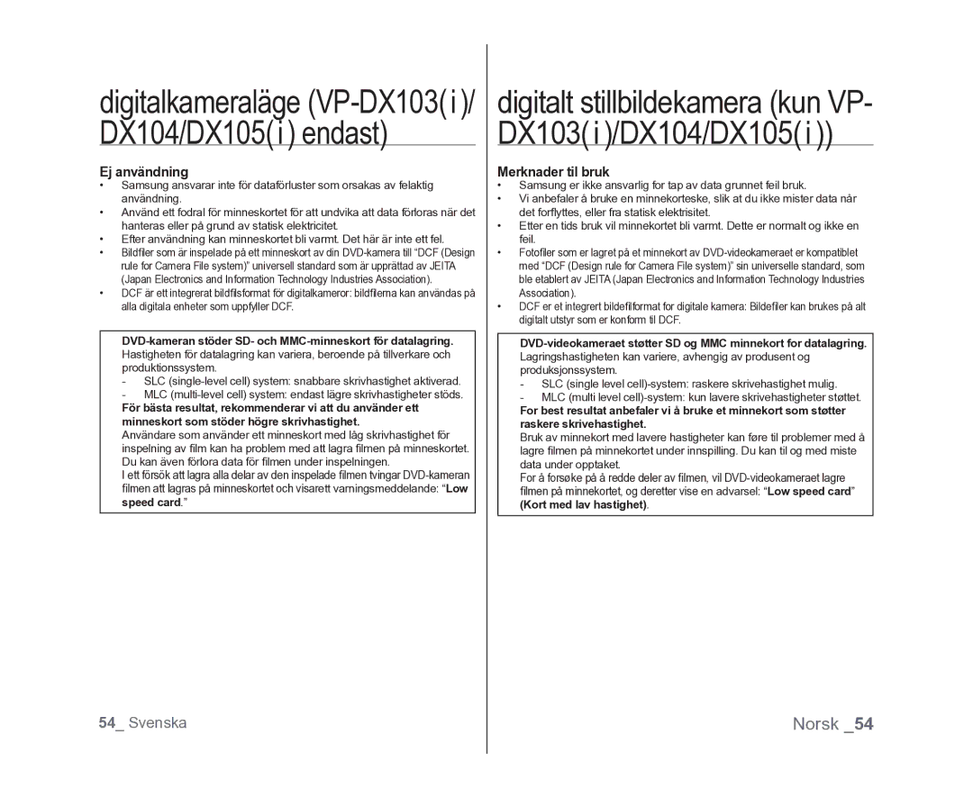 Samsung VP-DX100/XEE manual Ej användning, Merknader til bruk 