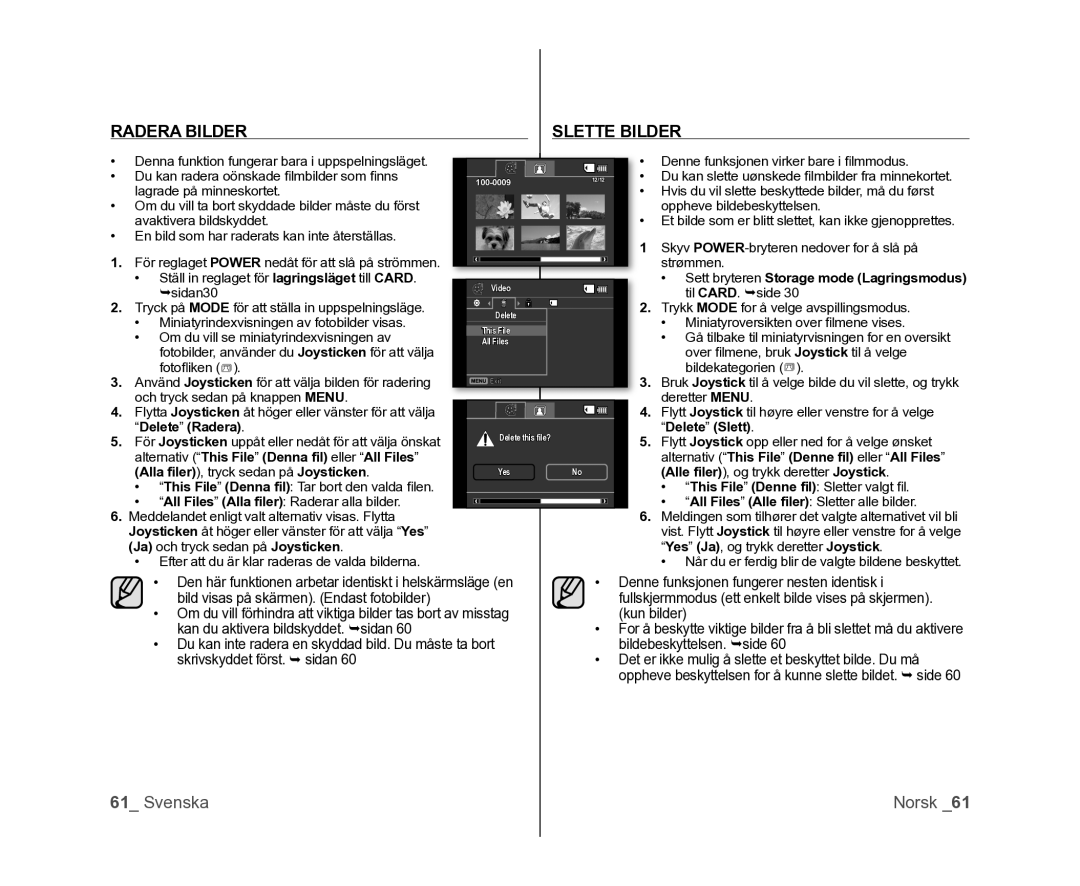 Samsung VP-DX100/XEE Ställ in reglaget för lagringsläget till CARD. sidan30, All Files Alla ﬁler Raderar alla bilder 