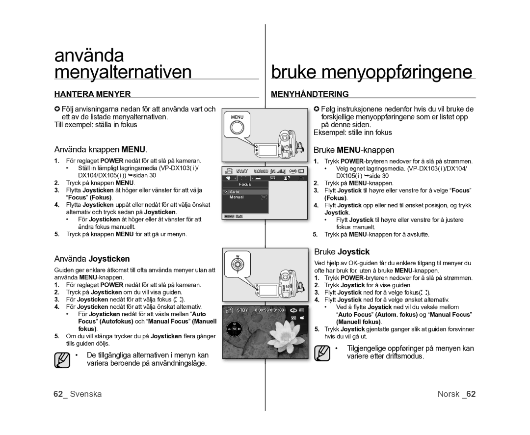 Samsung VP-DX100/XEE manual Hantera Menyer Menyhåndtering, Använda knappen Menu, Bruke MENU-knappen 