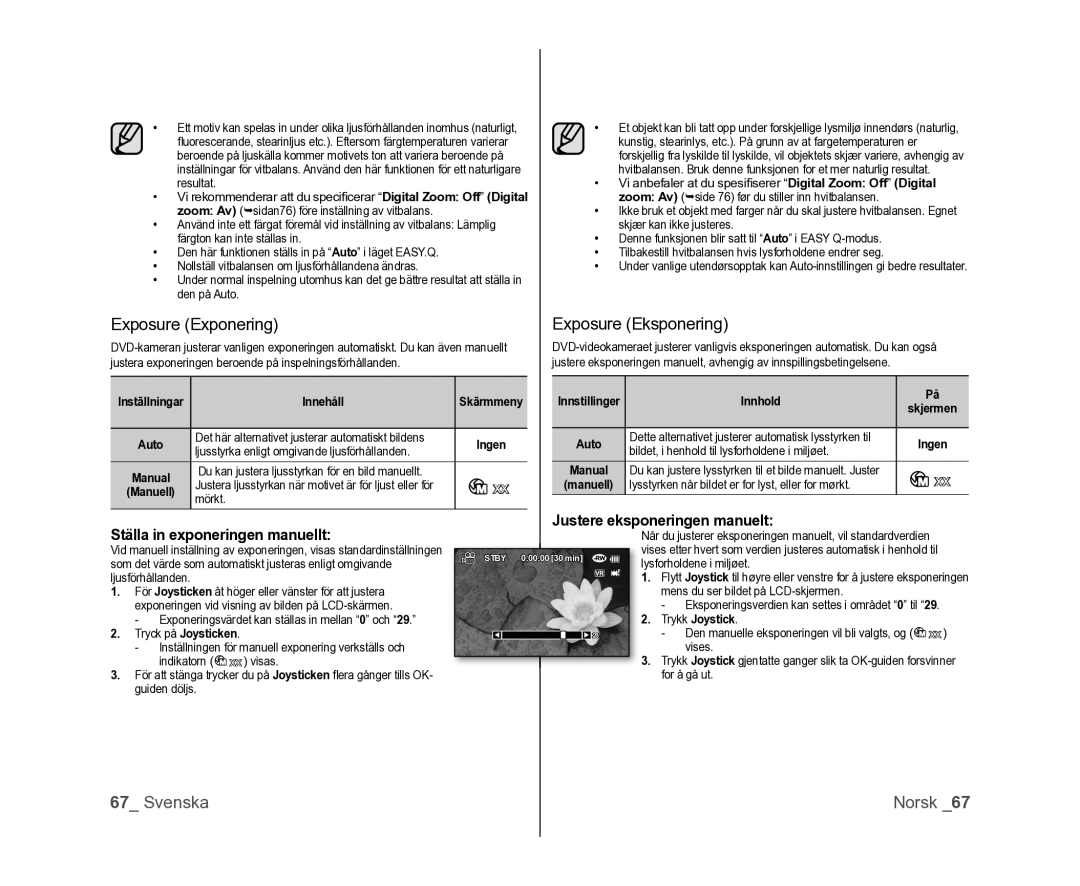 Samsung VP-DX100/XEE manual Exposure Exponering Exposure Eksponering, Trykk Joystick Tryck på Joysticken 