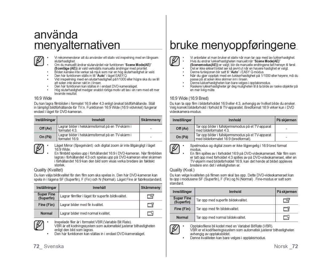 Samsung VP-DX100/XEE manual Quality Kvalitet, Wide 169 Bred 