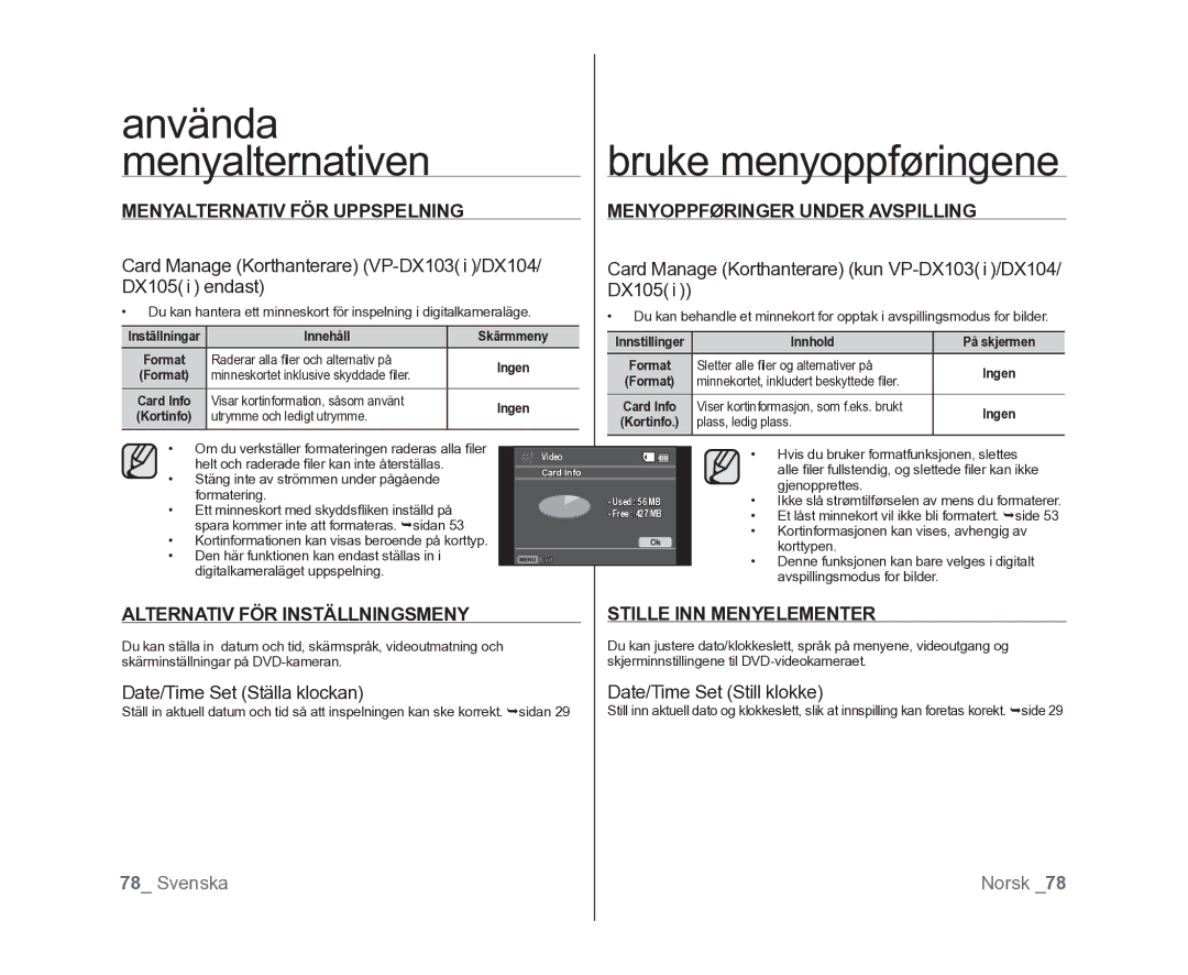 Samsung VP-DX100/XEE Menyalternativ FÖR Uppspelning, Menyoppføringer Under Avspilling, Alternativ FÖR Inställningsmeny 