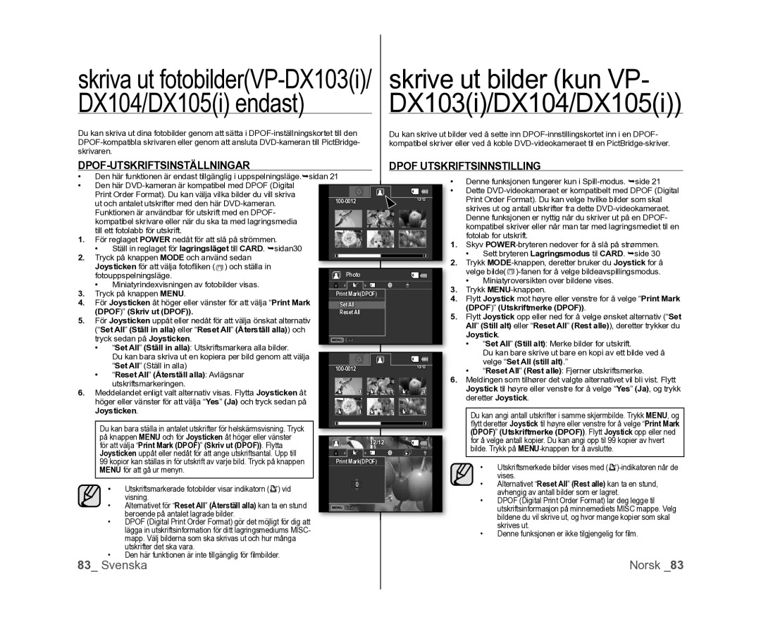 Samsung VP-DX100/XEE manual Skrive ut bilder kun VP, DX104/DX105i endast 