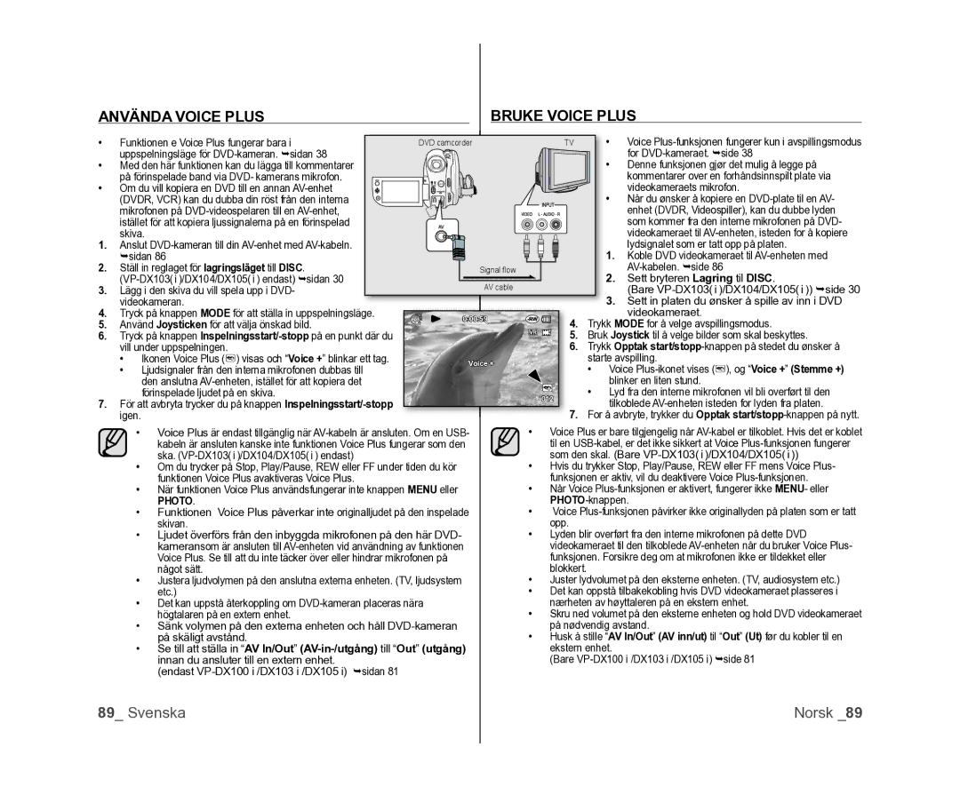 Samsung VP-DX100/XEE manual Använda Voice Plus Bruke Voice Plus 