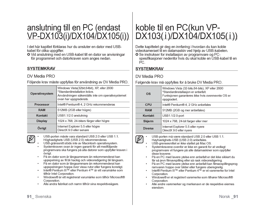 Samsung VP-DX100/XEE manual Systemkrav, Følgende krav må oppfylles for å bruke DV Media PRO 