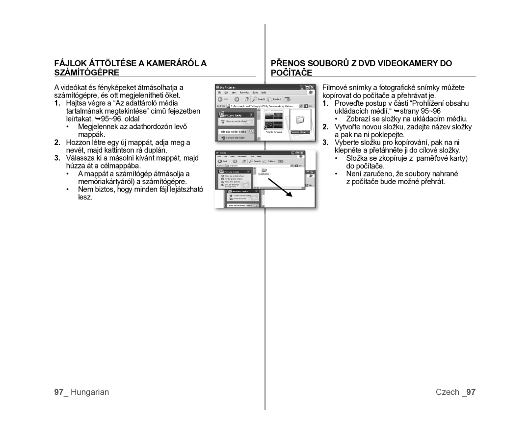 Samsung VP-DX100/XEO manual Fájlok Áttöltése a Kameráról a Számítógépre, Přenos Souborů Z DVD Videokamery do Počítače 