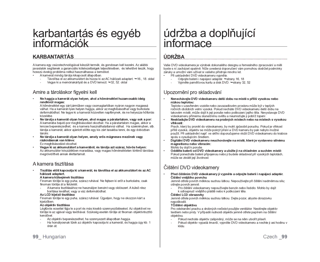 Samsung VP-DX100/XEO manual Karbantartás és egyéb információk, Údržba 