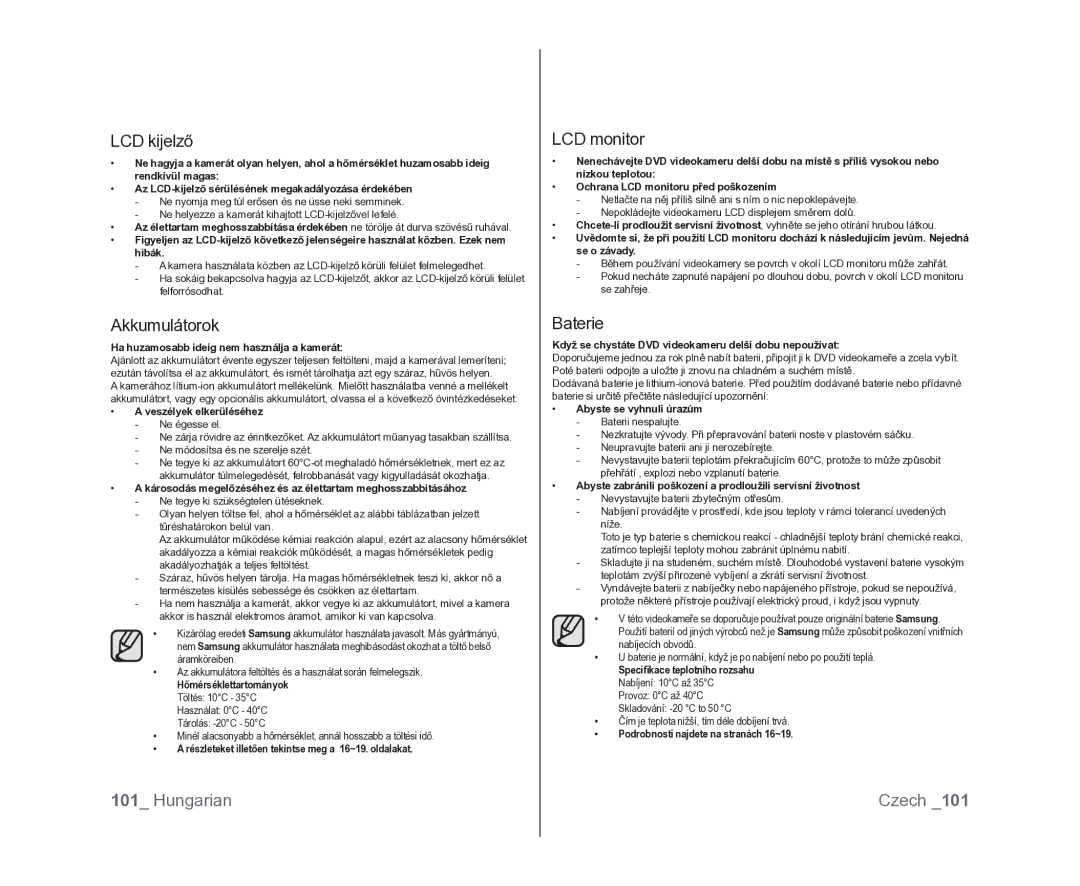 Samsung VP-DX100/XEO manual LCD kijelző, LCD monitor, Akkumulátorok, Baterie 