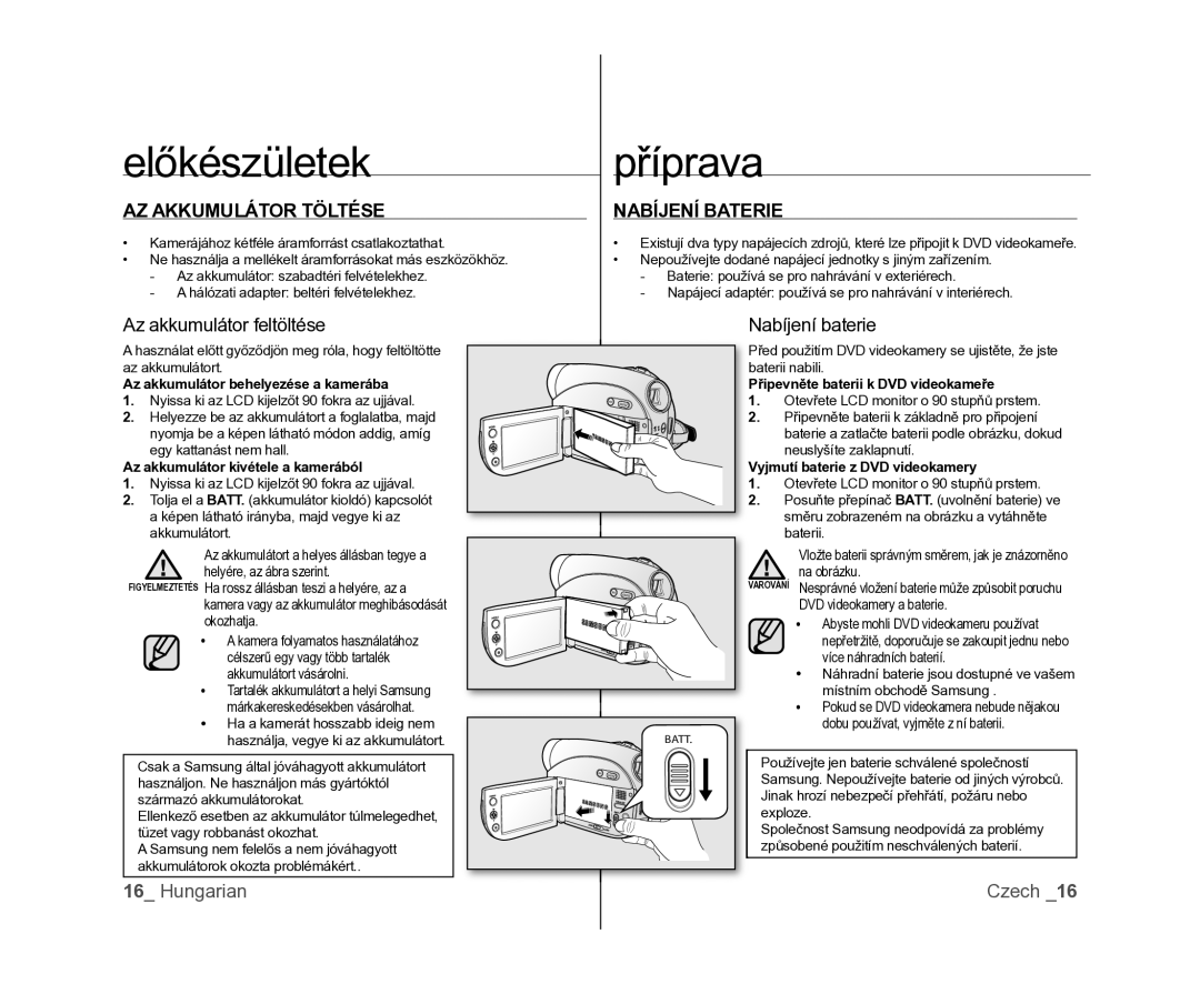 Samsung VP-DX100/XEO manual AZ Akkumulátor Töltése, Nabíjení Baterie, Az akkumulátor feltöltése, Nabíjení baterie 