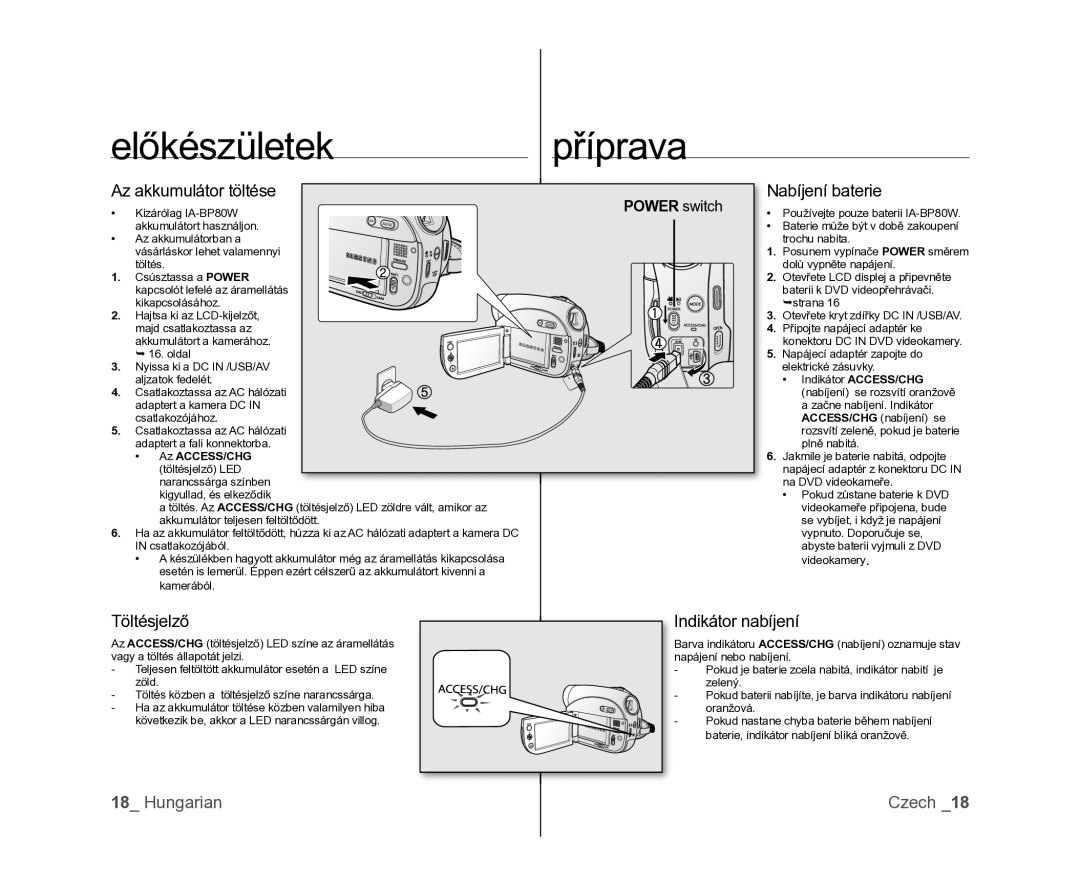 Samsung VP-DX100/XEO manual Előkészületek Příprava, Az akkumulátor töltése, Töltésjelző Indikátor nabíjení, Power switch 