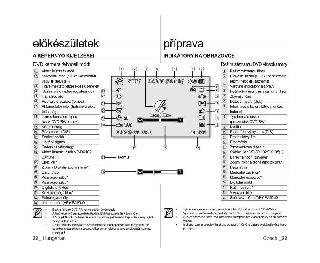 Samsung VP-DX100/XEO Képernyő Kijelzései Indikátory NA Obrazovce, DVD kamera felvételi mód, Režim záznamu DVD videokamery 