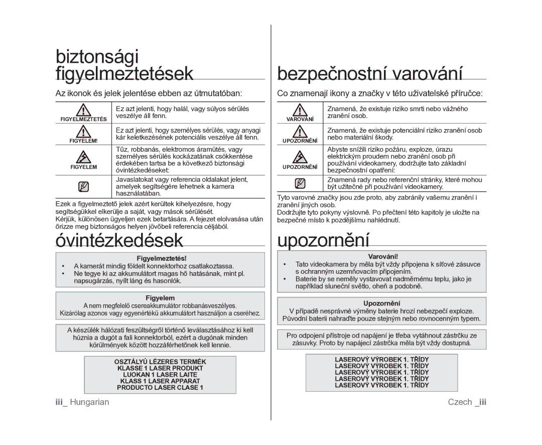 Samsung VP-DX100/XEO manual Biztonsági ﬁgyelmeztetések, Óvintézkedések, Bezpečnostní varování, Upozornění 