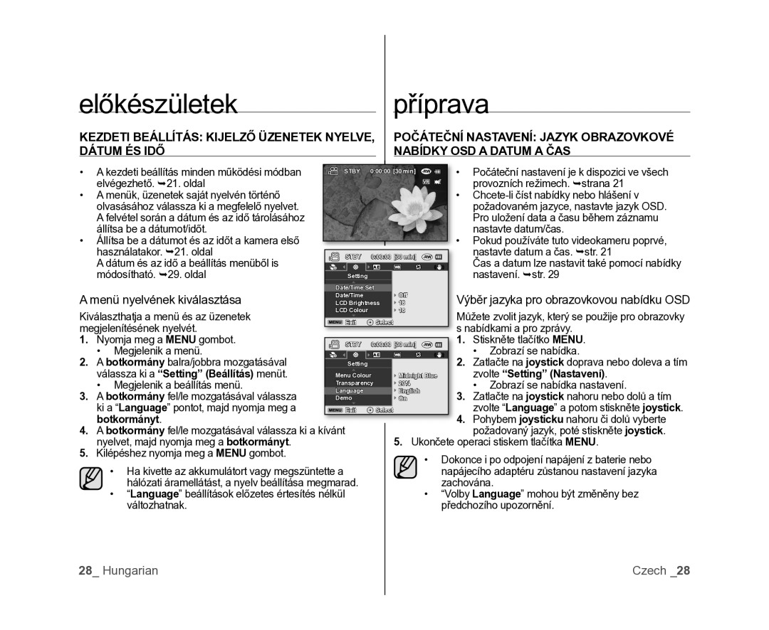 Samsung VP-DX100/XEO manual Menü nyelvének kiválasztása, Válassza ki a Setting Beállítás menüt, Zvolte Setting Nastavení 