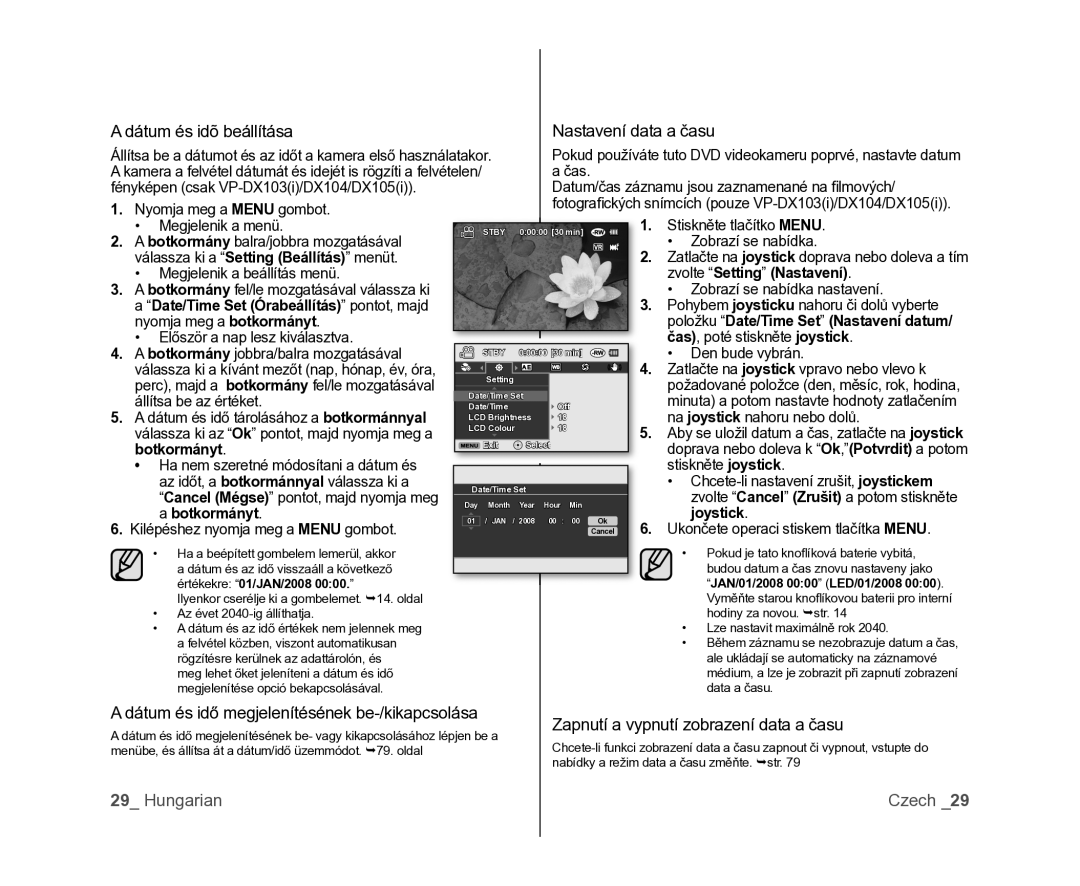 Samsung VP-DX100/XEO manual Dátum és idõ beállítása Nastavení data a času, Zapnutí a vypnutí zobrazení data a času 