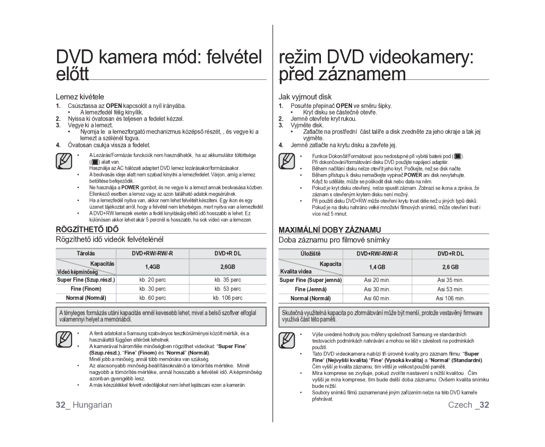 Samsung VP-DX100/XEO Lemez kivétele, Rögzíthető idő videók felvételénél, Jak vyjmout disk, Doba záznamu pro ﬁlmové snímky 