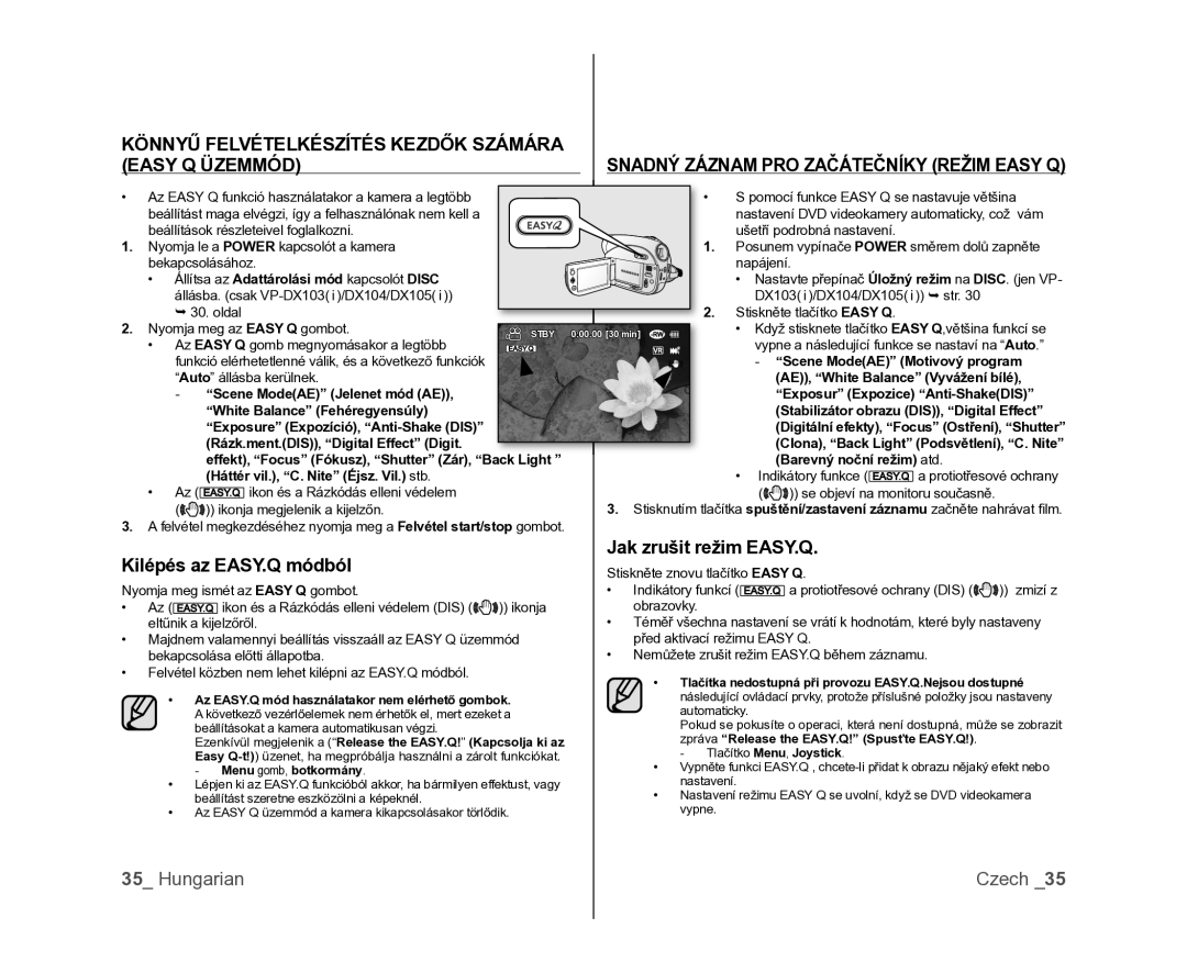 Samsung VP-DX100/XEO manual Könnyű Felvételkészítés Kezdők Számára Easy Q Üzemmód, Kilépés az EASY.Q módból 