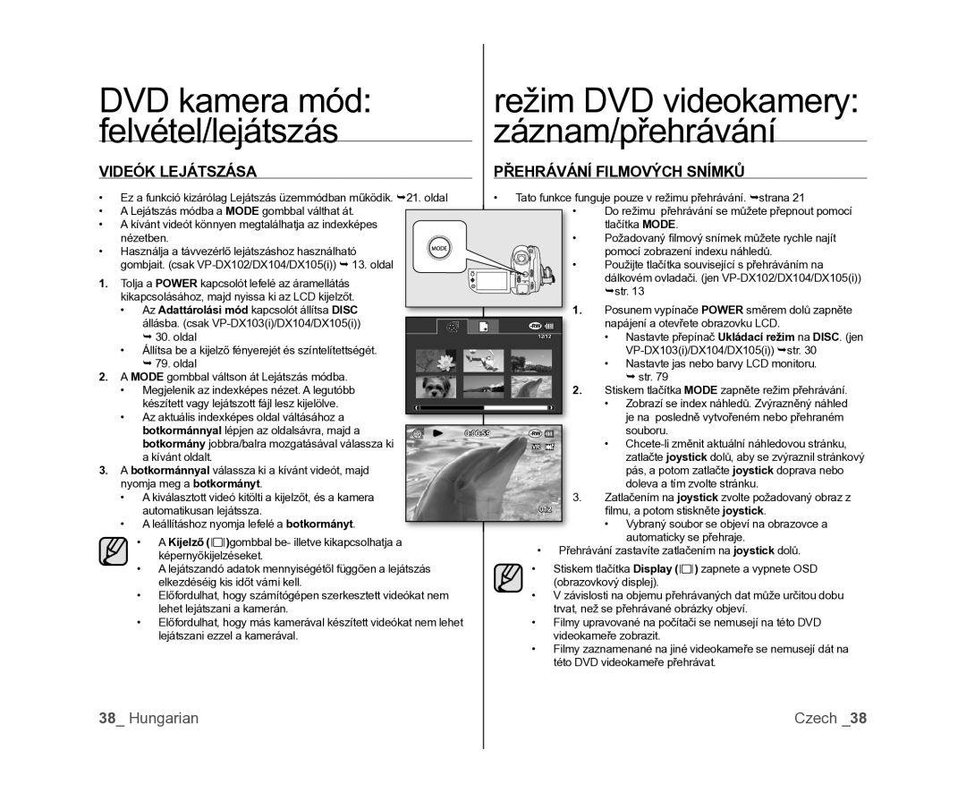 Samsung VP-DX100/XEO manual DVD kamera mód, Videók Lejátszása Přehrávání Filmových Snímků 